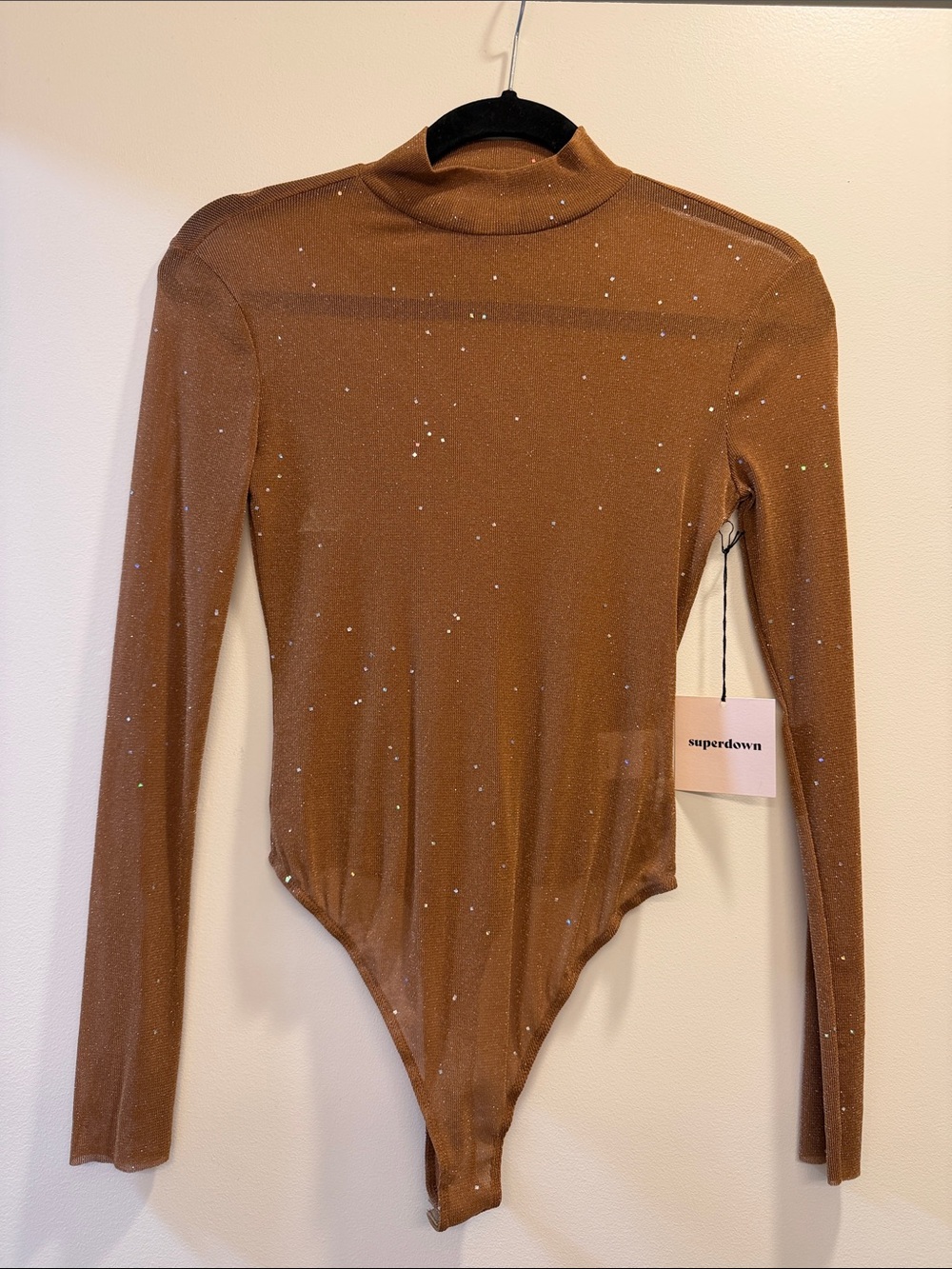 superdown Bronze Sparkle Mock Neck Bodysuit